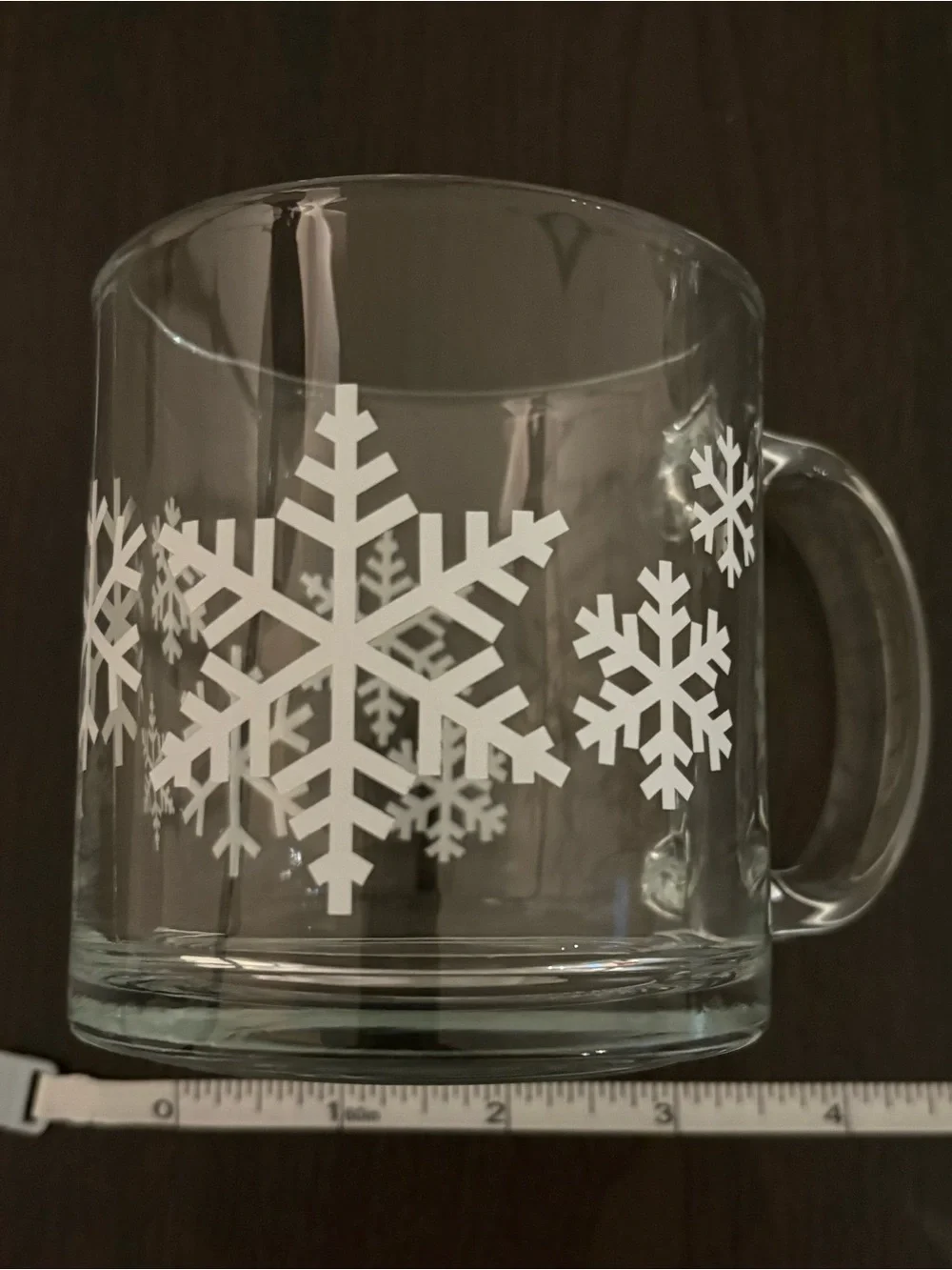 Crate&Barrel Clear Glass Mug and Dessert Plate Set with White Snowflake Motif